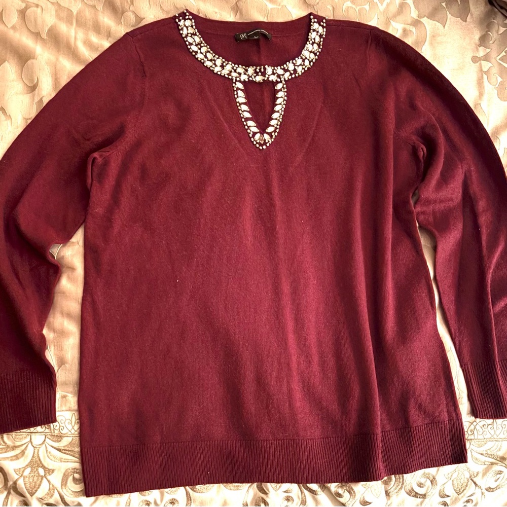 INC International Concepts Burgundy Sweater with Embellished Neckline